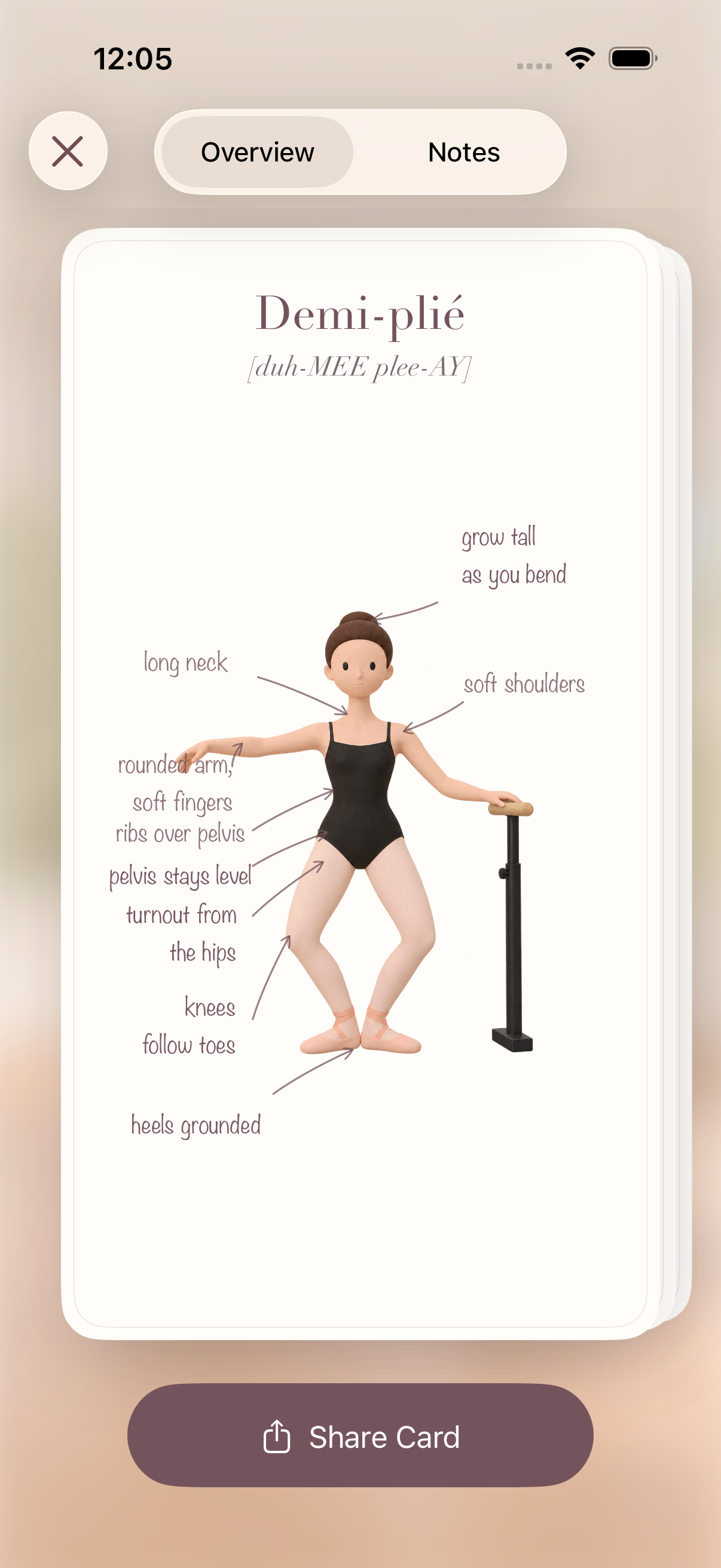 Demi-plié overview card in Petit Studio, with a dancer at the barre and teaching annotations for posture, turnout and grounded heels.